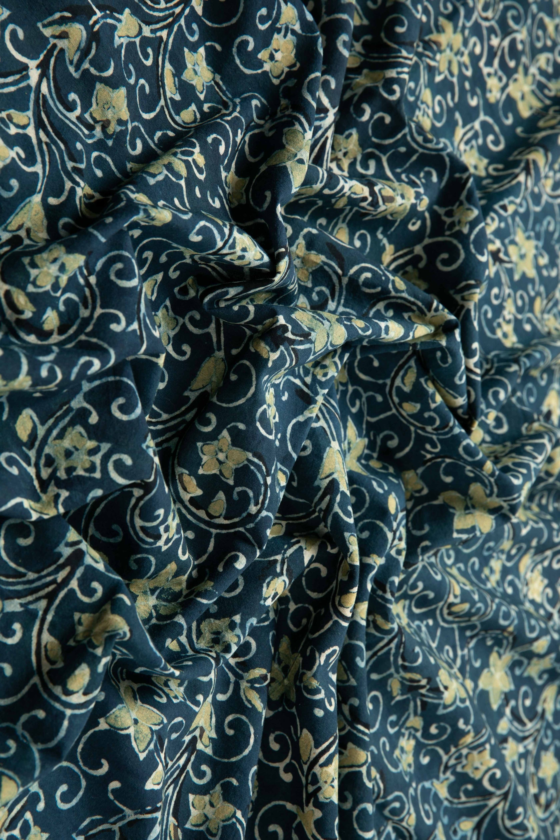 Siyahi - Indigo Ajrakh Fabric With Yellow Floral Design-Rutambhara-RUTAMBHARA