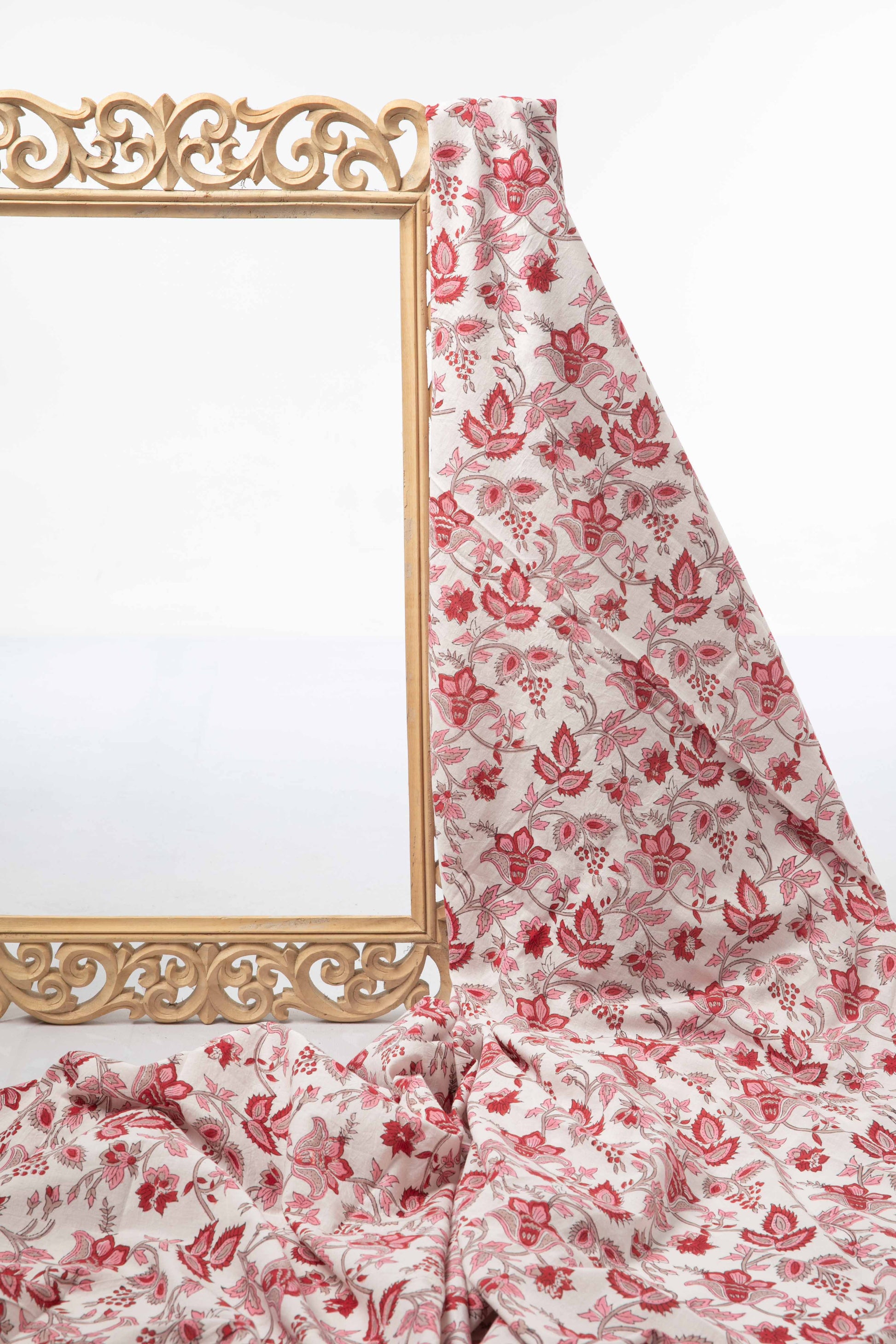 Siyahi - Red Bloom Sanganeri Cotton Fabric-Rutambhara-RUTAMBHARA