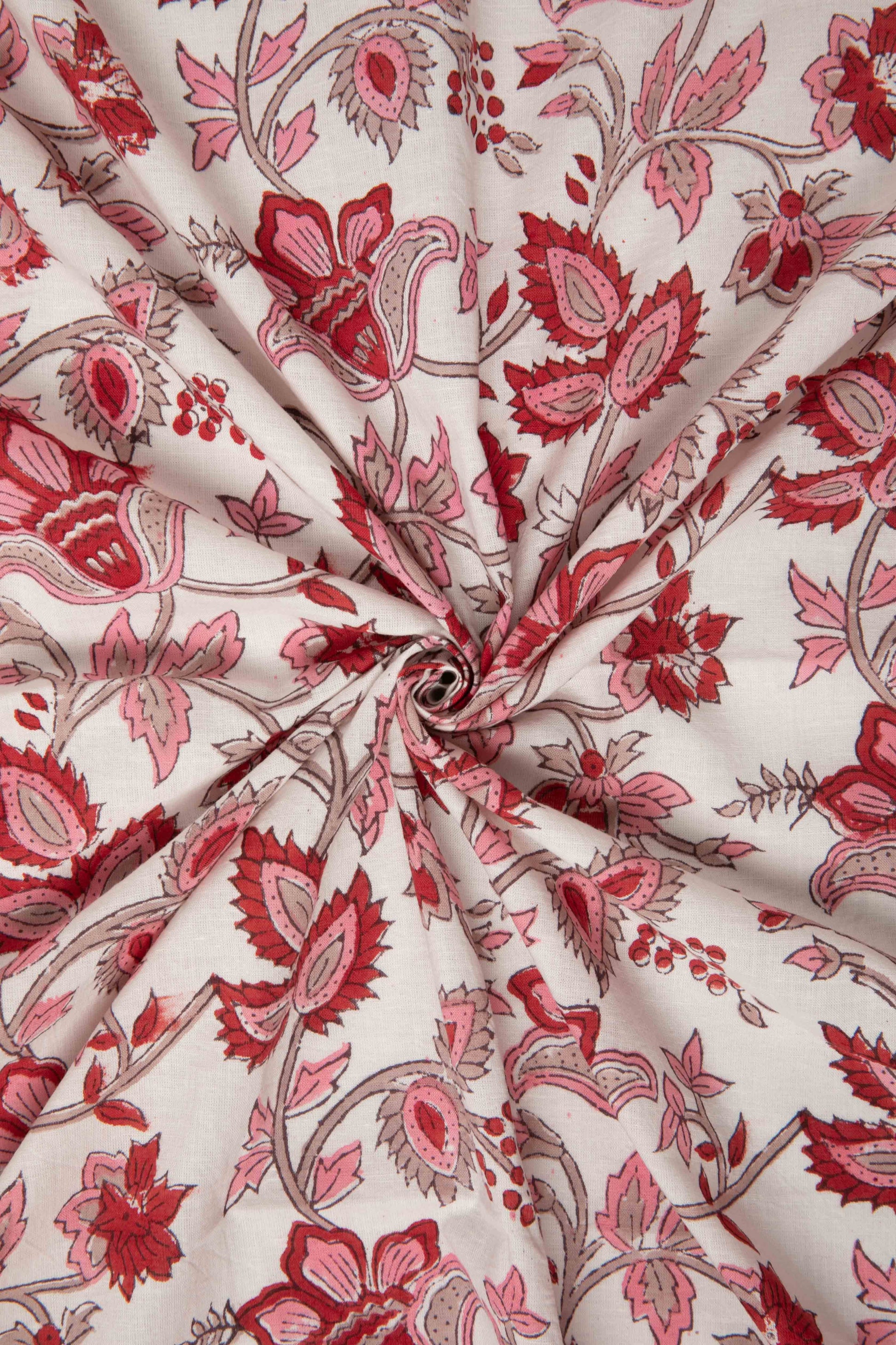 Siyahi - Red Bloom Sanganeri Cotton Fabric-Rutambhara-RUTAMBHARA