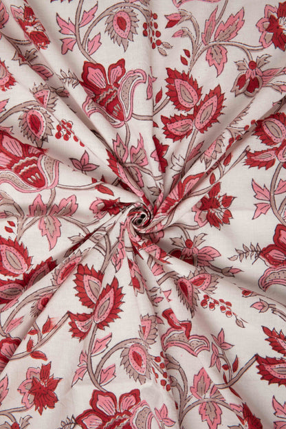 Siyahi - Red Bloom Sanganeri Cotton Fabric-Rutambhara-RUTAMBHARA