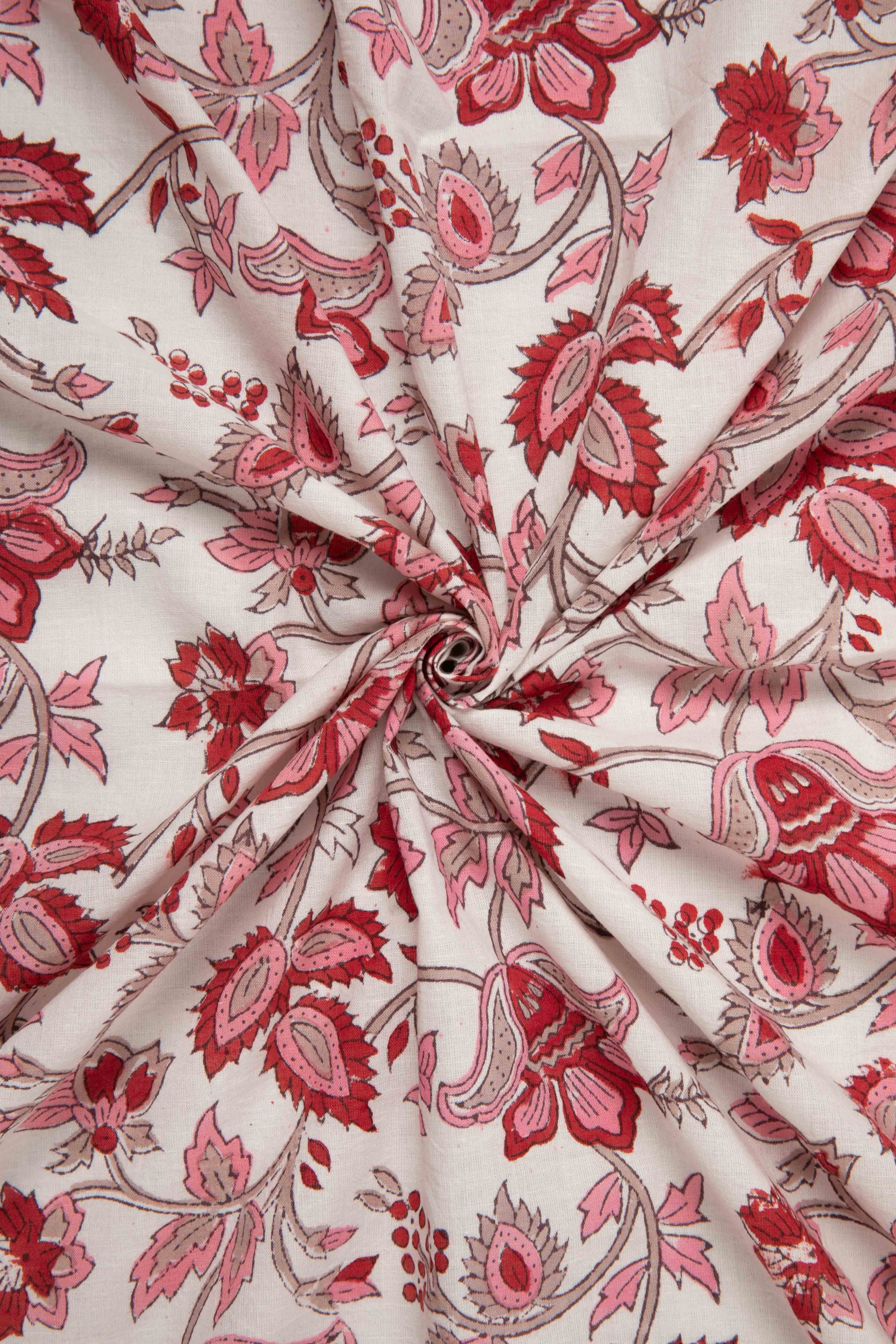 Siyahi - Red Bloom Sanganeri Cotton Fabric-Rutambhara-RUTAMBHARA