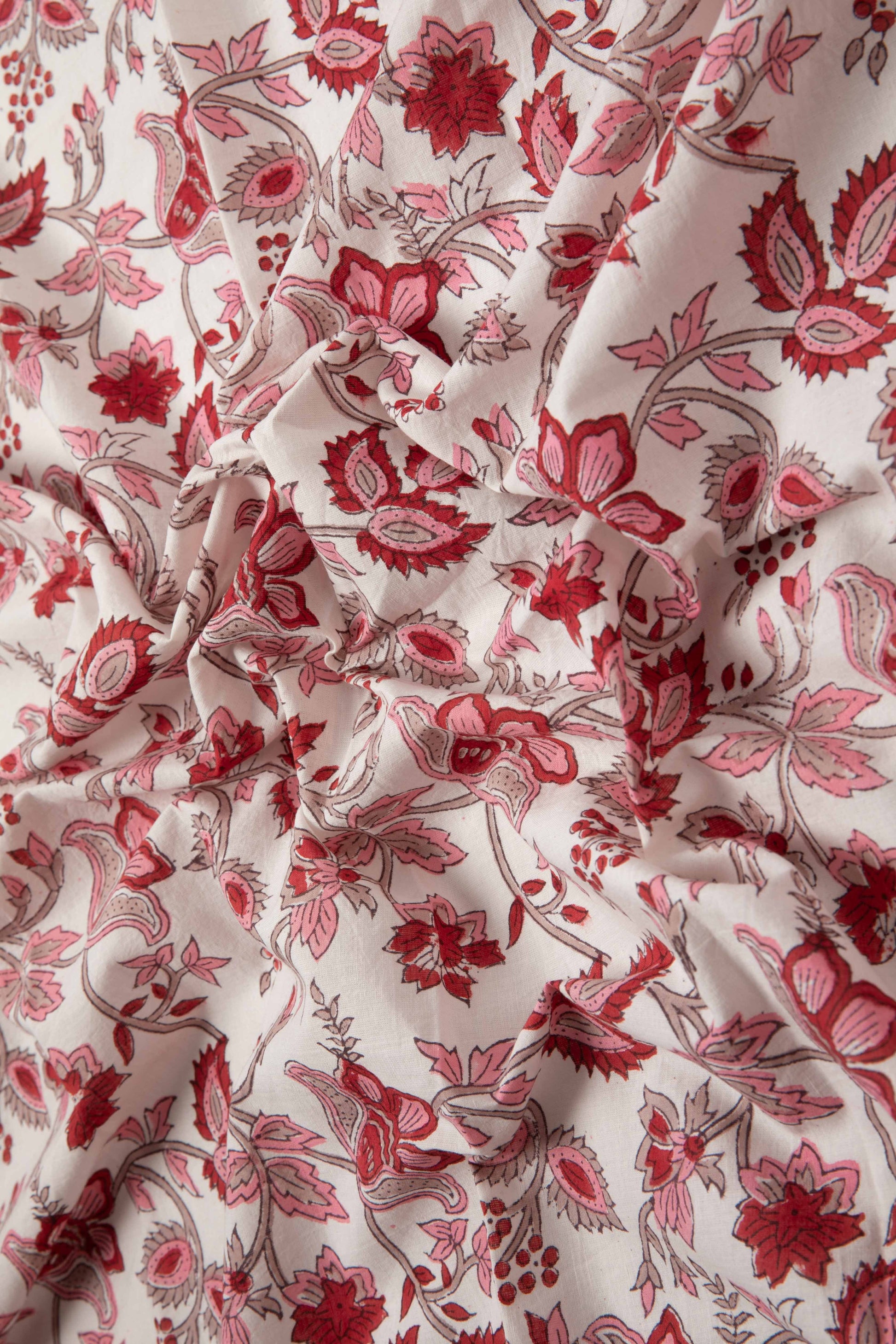 Siyahi - Red Bloom Sanganeri Cotton Fabric-Rutambhara-RUTAMBHARA