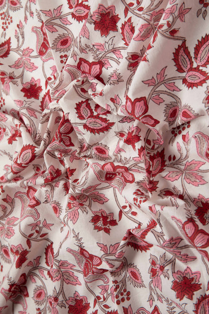 Siyahi - Red Bloom Sanganeri Cotton Fabric-Rutambhara-RUTAMBHARA