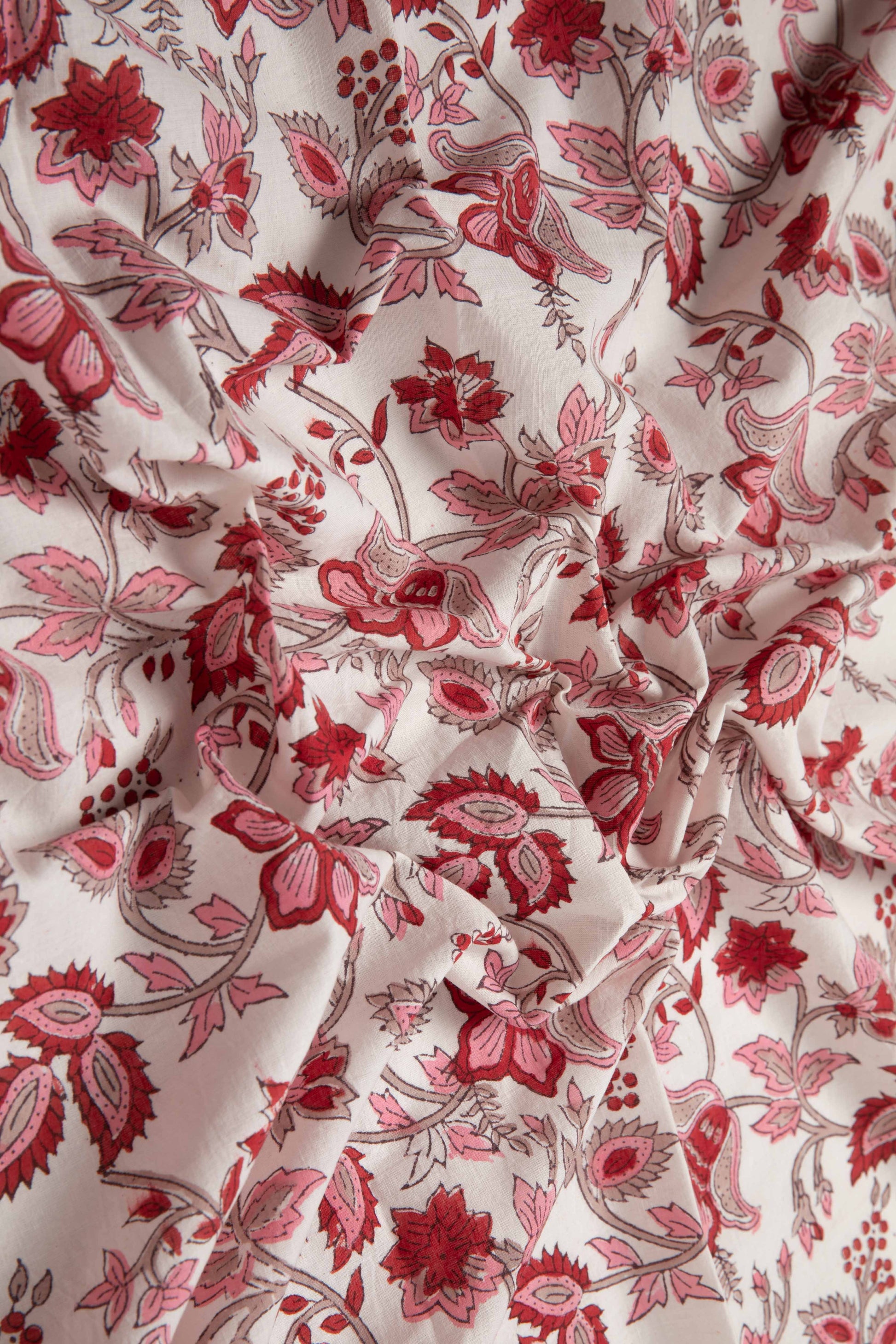 Siyahi - Red Bloom Sanganeri Cotton Fabric-Rutambhara-RUTAMBHARA