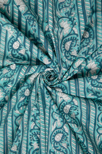 Siyahi - Teal Harmony – Sanganeri Block Print Fabric-Rutambhara-RUTAMBHARA