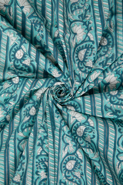 Siyahi - Teal Harmony – Sanganeri Block Print Fabric-Rutambhara-RUTAMBHARA