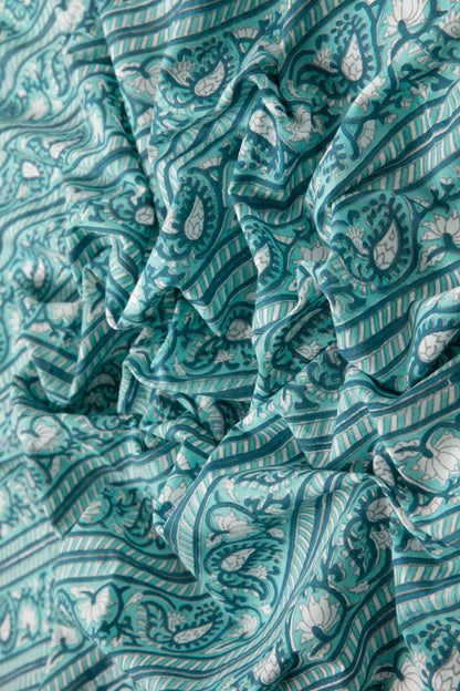 Siyahi - Teal Harmony – Sanganeri Block Print Fabric-Rutambhara-RUTAMBHARA