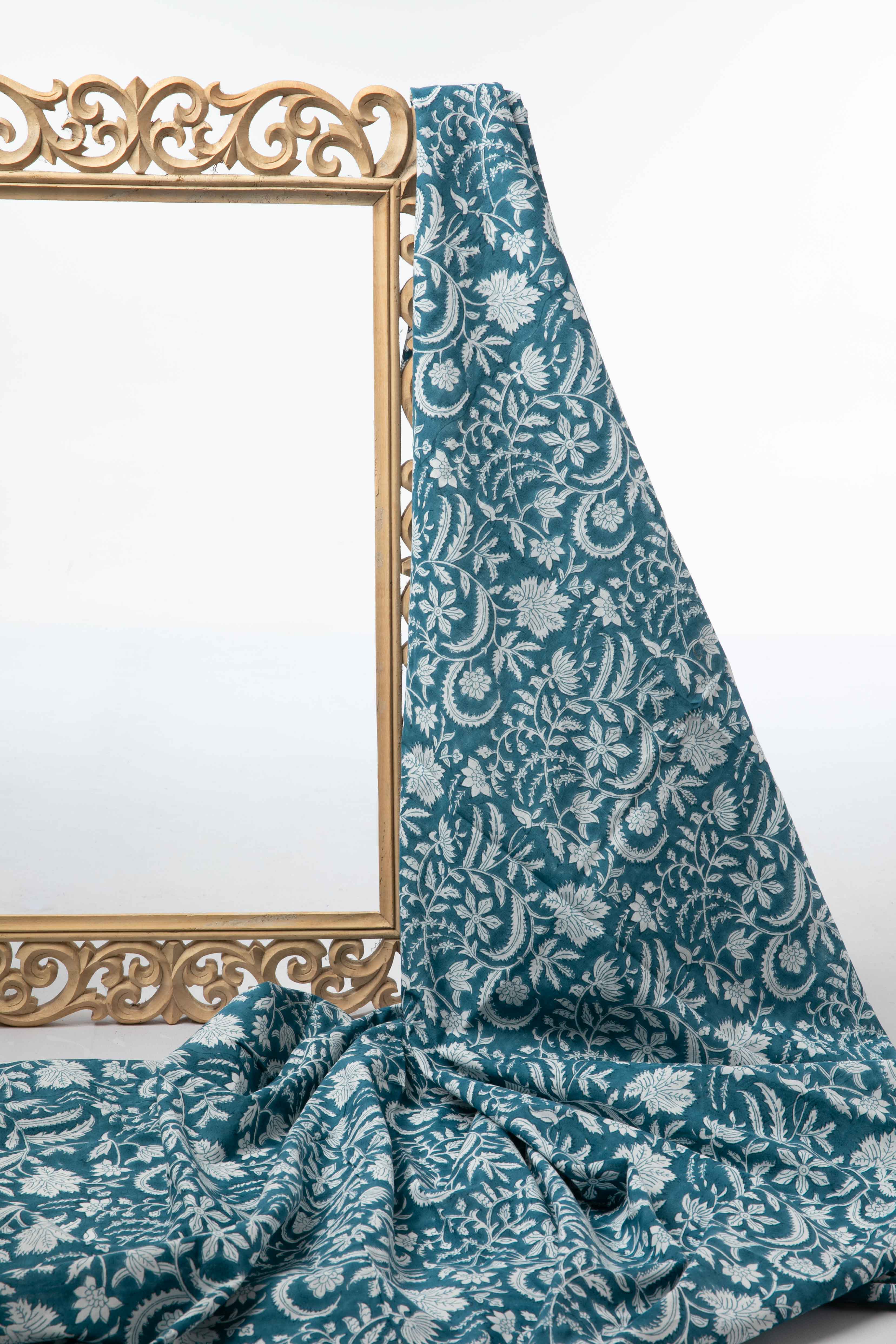 Siyahi - White Floral Motif On Teal Base Fabric
