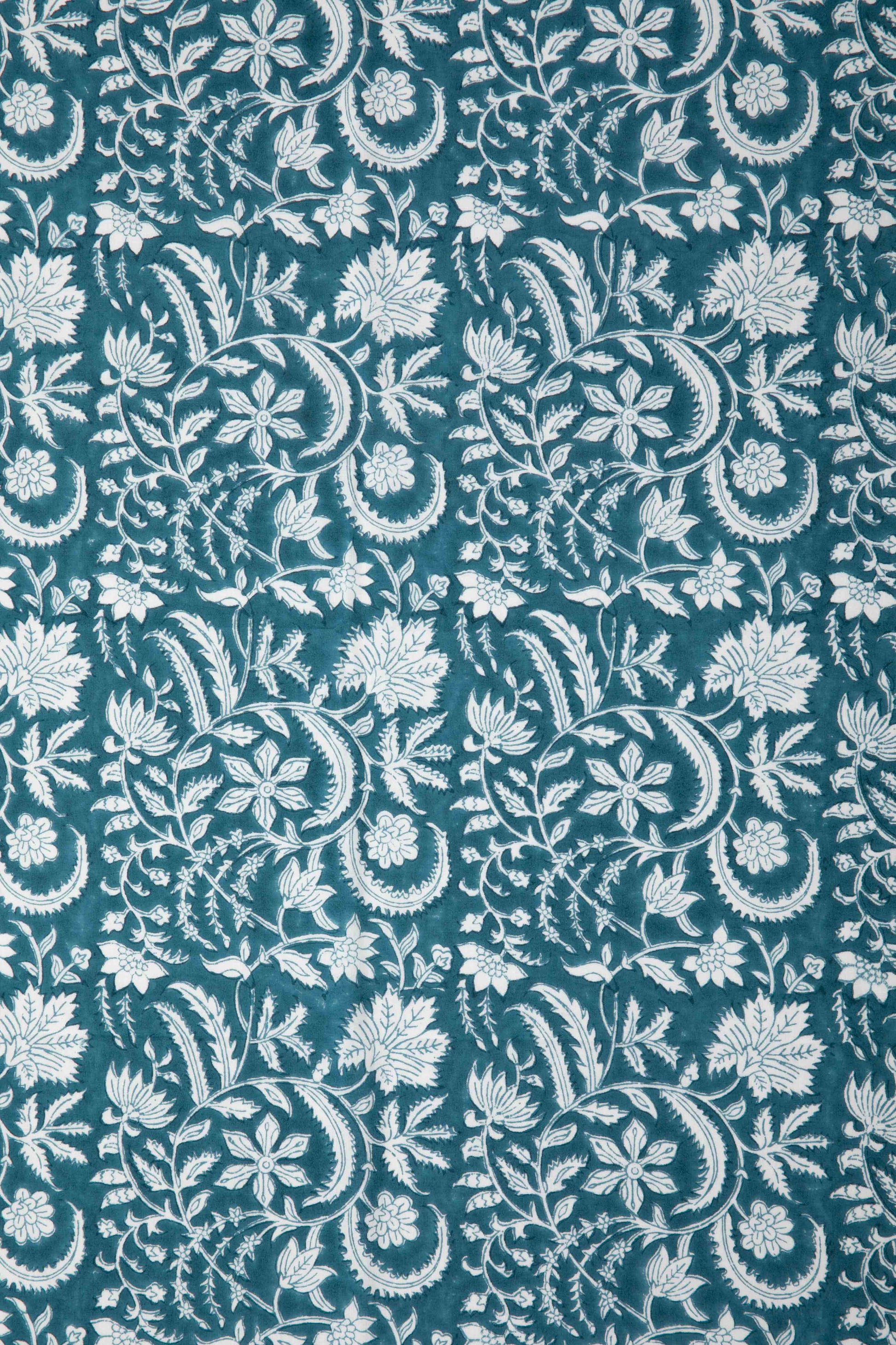 Siyahi - White Floral Motif On Teal Base Fabric-Rutambhara-RUTAMBHARA