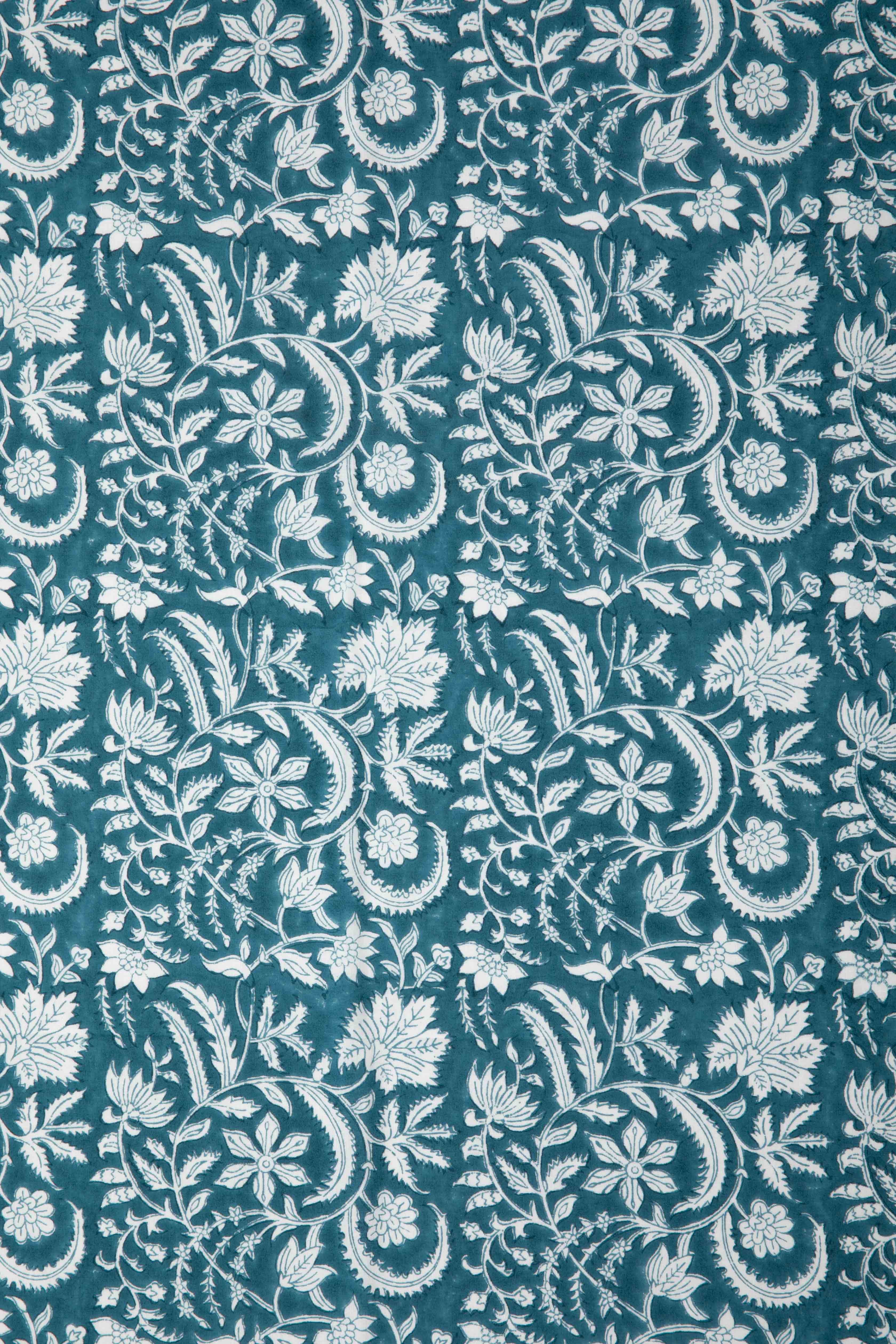 Siyahi - White Floral Motif On Teal Base Fabric