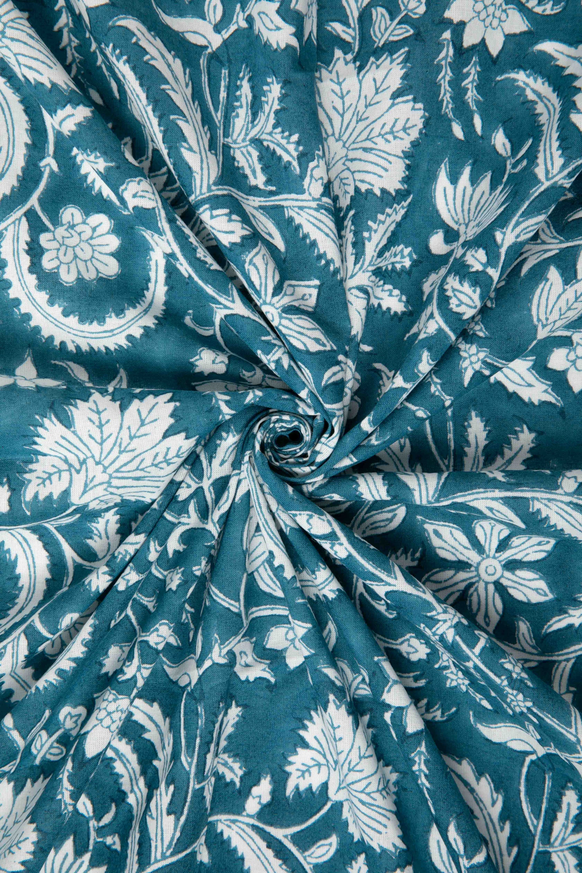 Siyahi - White Floral Motif On Teal Base Fabric-Rutambhara-RUTAMBHARA