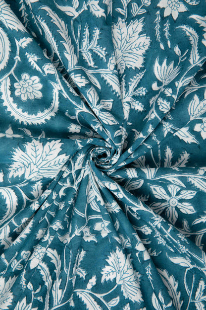 Siyahi - White Floral Motif On Teal Base Fabric-Rutambhara-RUTAMBHARA