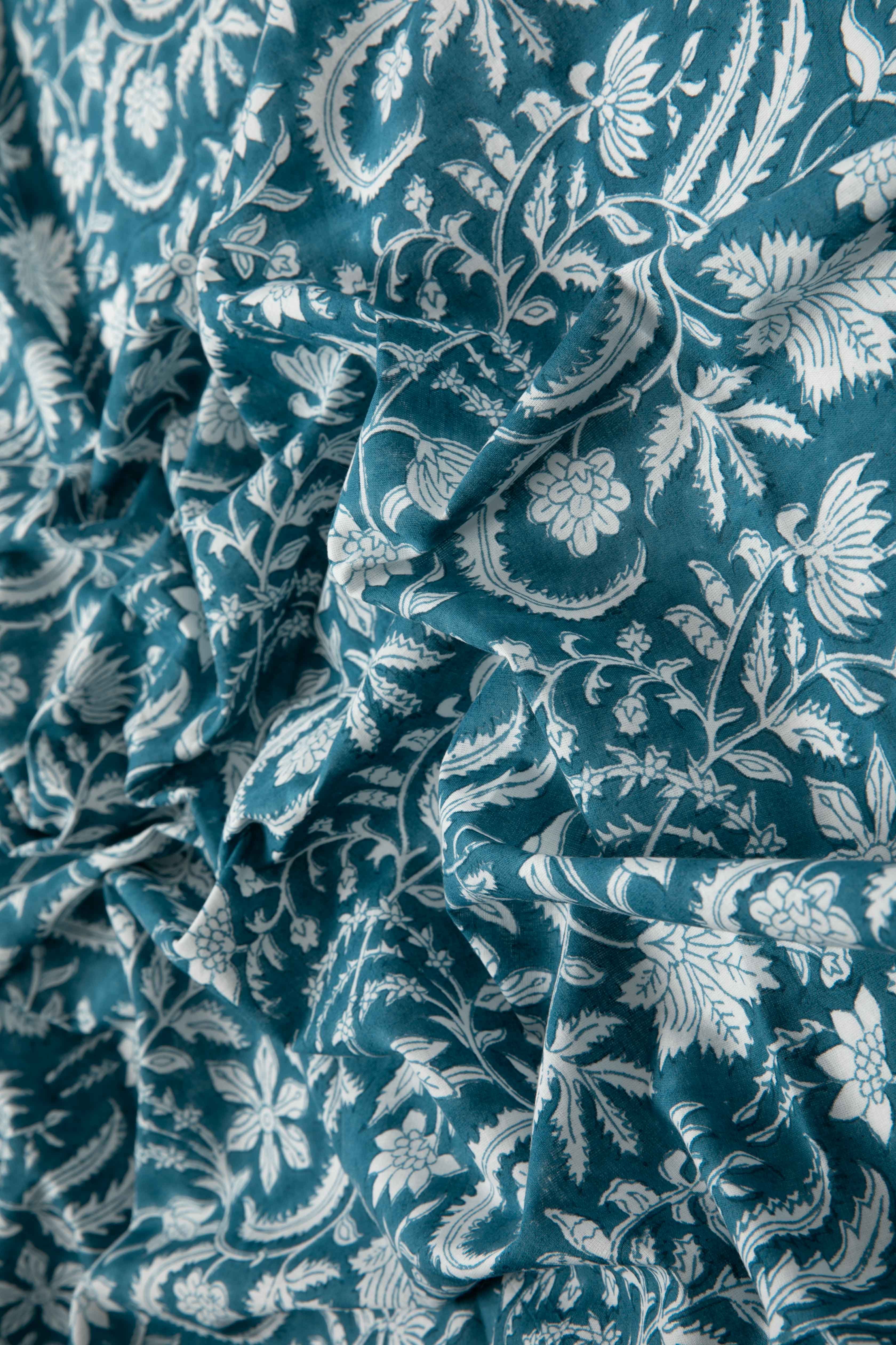 Siyahi - White Floral Motif On Teal Base Fabric