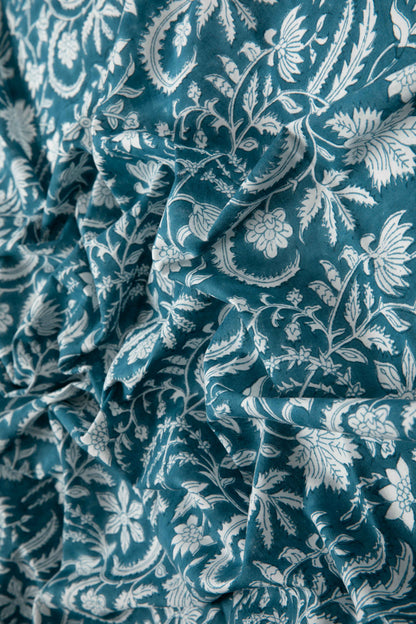 Siyahi - White Floral Motif On Teal Base Fabric-Rutambhara-RUTAMBHARA