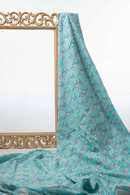 Siyahi - Aqua Blue Sanganeri Cotton Fabric-Rutambhara-RUTAMBHARA
