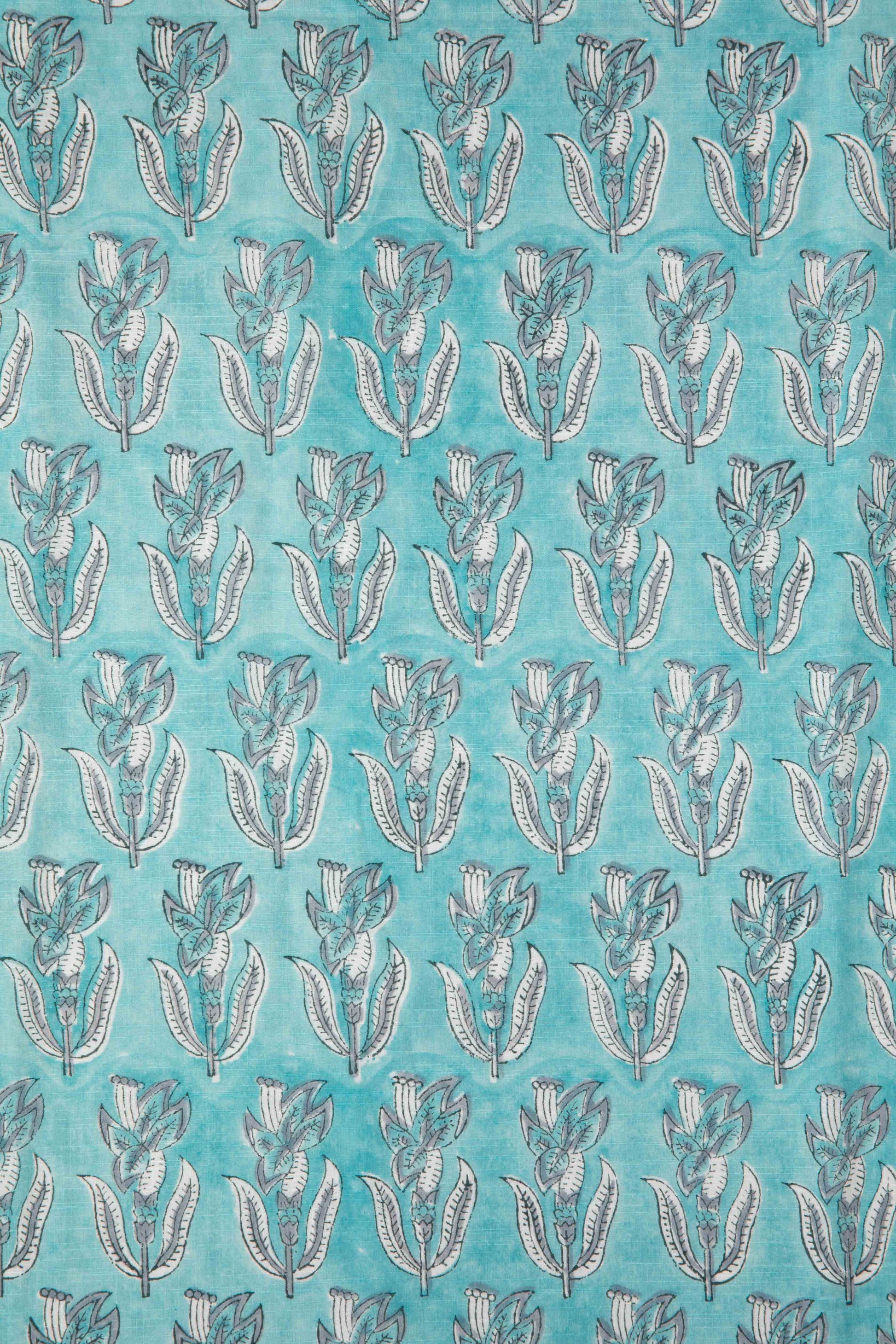 Siyahi - Aqua Blue Sanganeri Cotton Fabric-Rutambhara-RUTAMBHARA