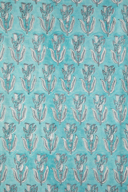 Siyahi - Aqua Blue Sanganeri Cotton Fabric-Rutambhara-RUTAMBHARA