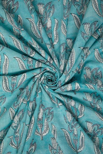 Siyahi - Aqua Blue Sanganeri Cotton Fabric-Rutambhara-RUTAMBHARA