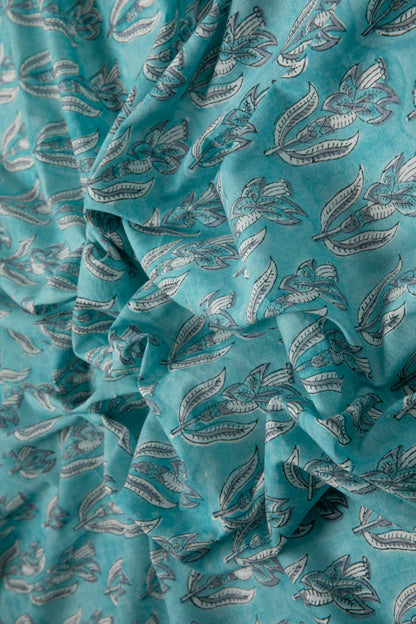 Siyahi - Aqua Blue Sanganeri Cotton Fabric-Rutambhara-RUTAMBHARA