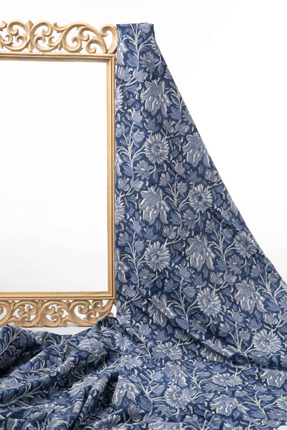 Siyahi - Midnight Bloom – Sanganeri Hand Block Print Fabric-Rutambhara-RUTAMBHARA