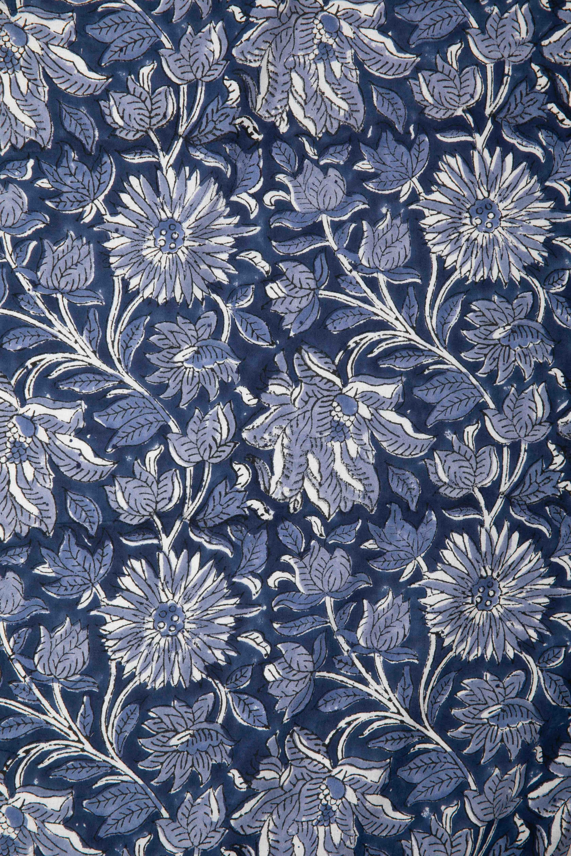 Siyahi - Midnight Bloom – Sanganeri Hand Block Print Fabric-Rutambhara-RUTAMBHARA
