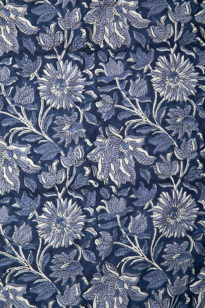 Siyahi - Midnight Bloom – Sanganeri Hand Block Print Fabric-Rutambhara-RUTAMBHARA