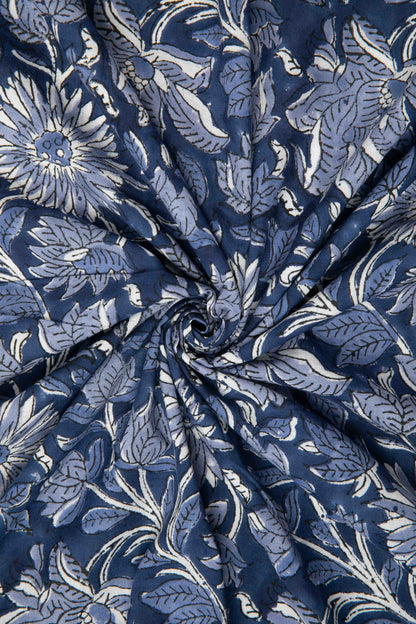 Siyahi - Midnight Bloom – Sanganeri Hand Block Print Fabric-Rutambhara-RUTAMBHARA