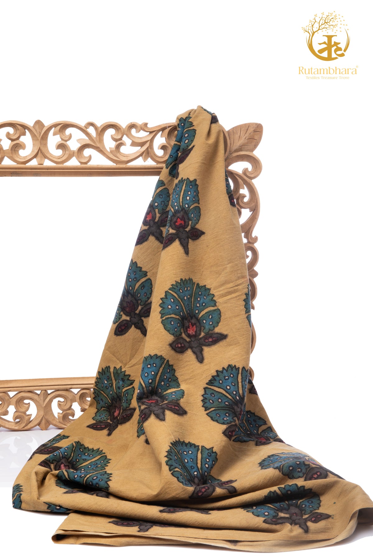 Nzurii | Muted Mustard and Peacock Teal – Srikalahasti Kalamkari Cotton Fabric