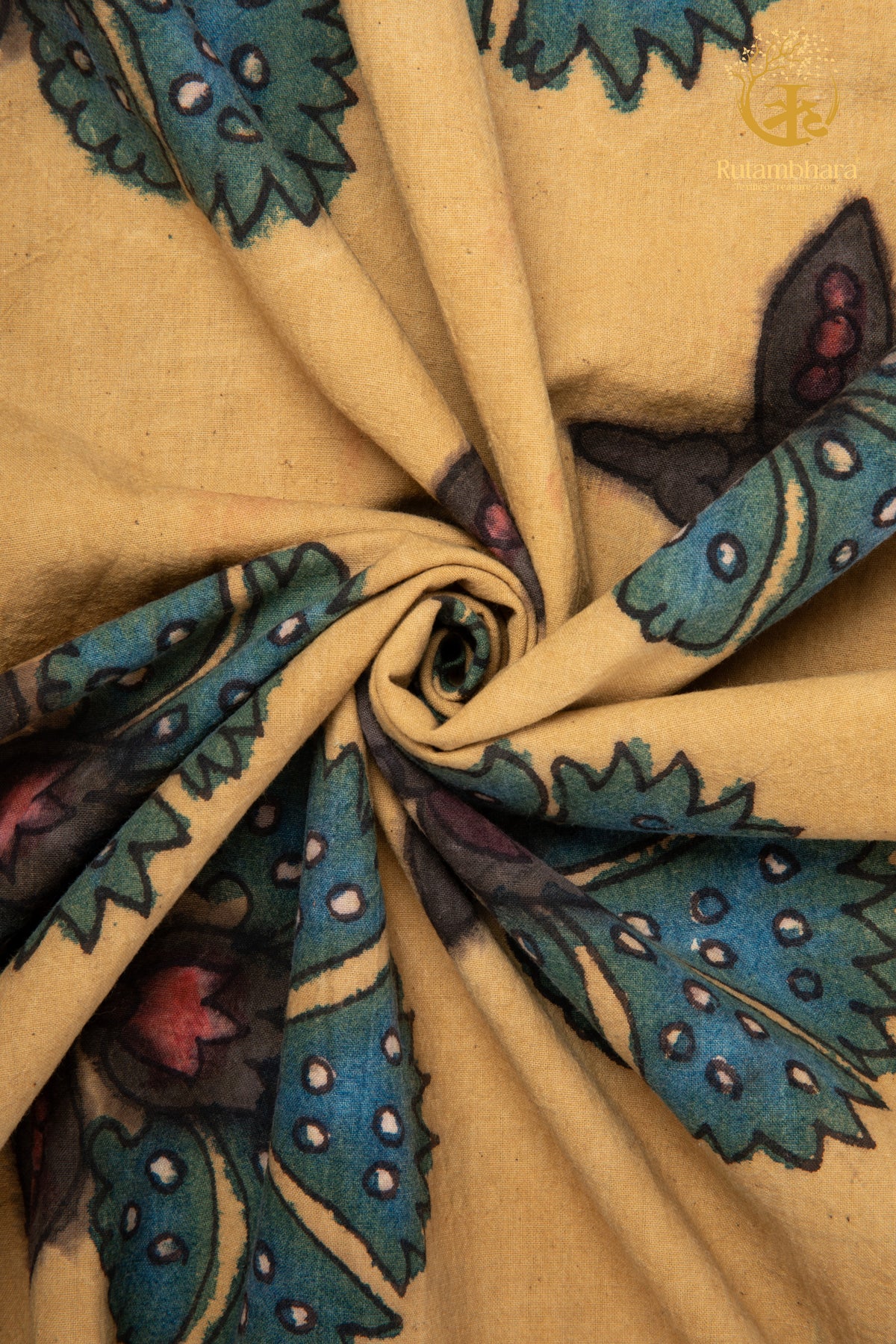 Nzurii | Muted Mustard and Peacock Teal – Srikalahasti Kalamkari Cotton Fabric