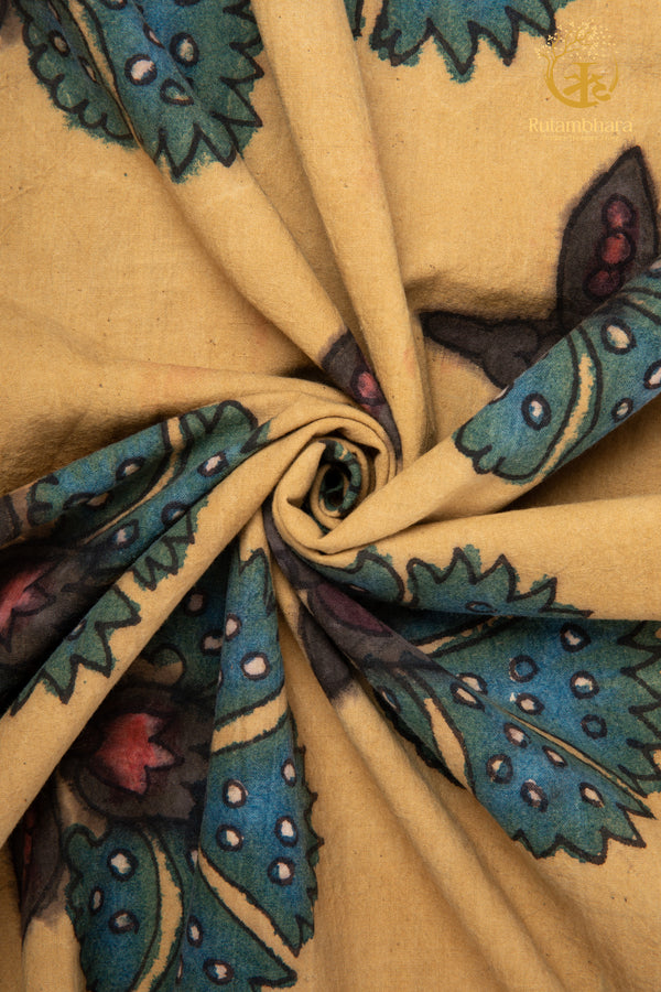 Nzurii | Muted Mustard and Peacock Teal – Srikalahasti Kalamkari Cotton Fabric