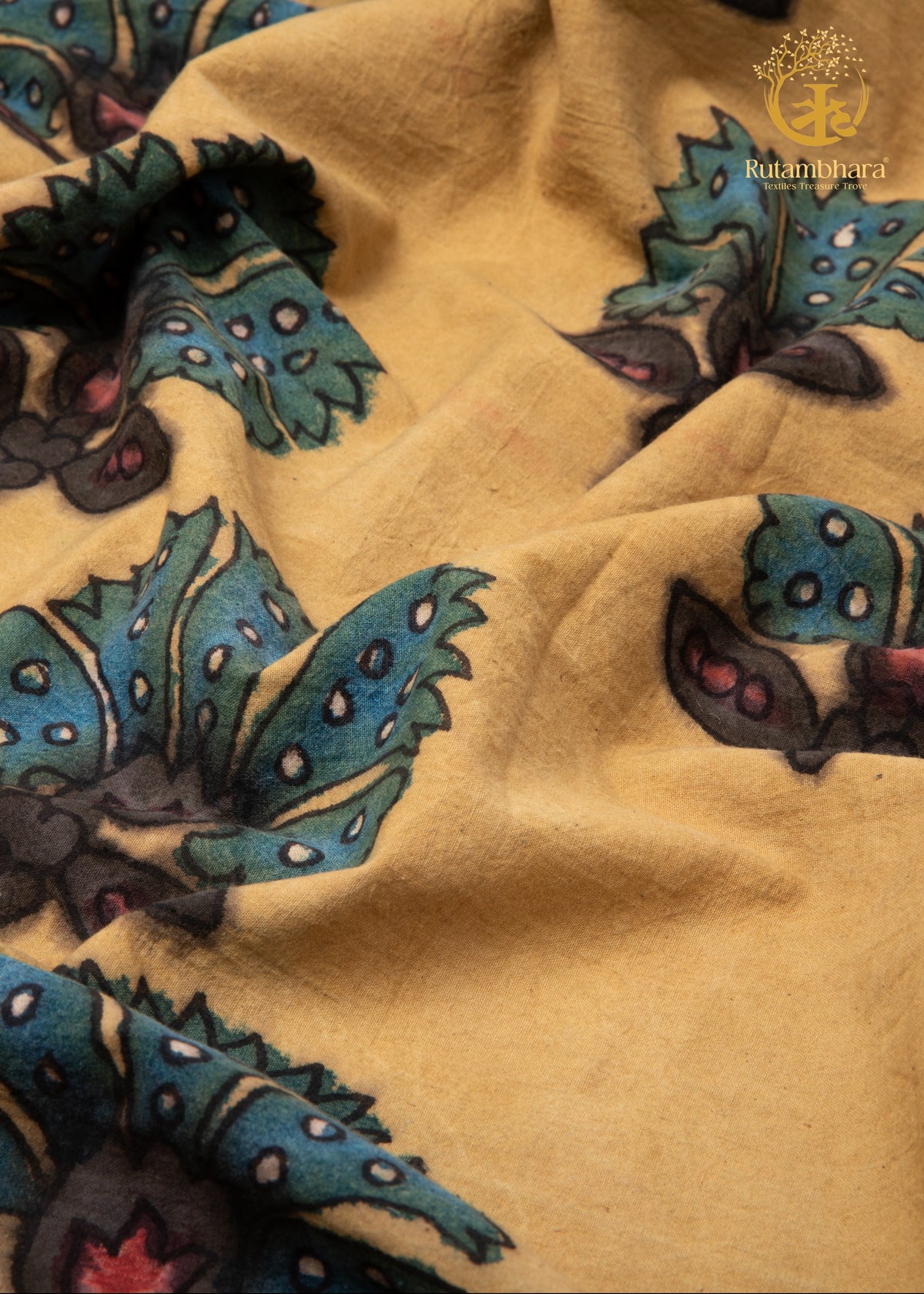 Nzurii | Muted Mustard and Peacock Teal – Srikalahasti Kalamkari Cotton Fabric
