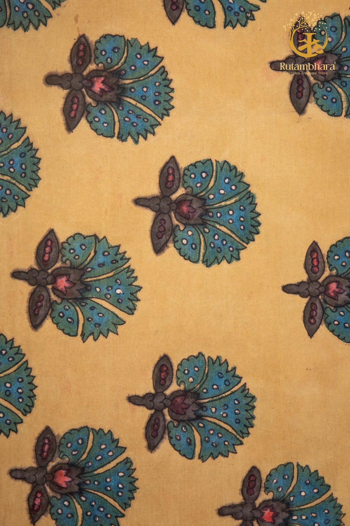 Nzurii | Muted Mustard and Peacock Teal – Srikalahasti Kalamkari Cotton Fabric