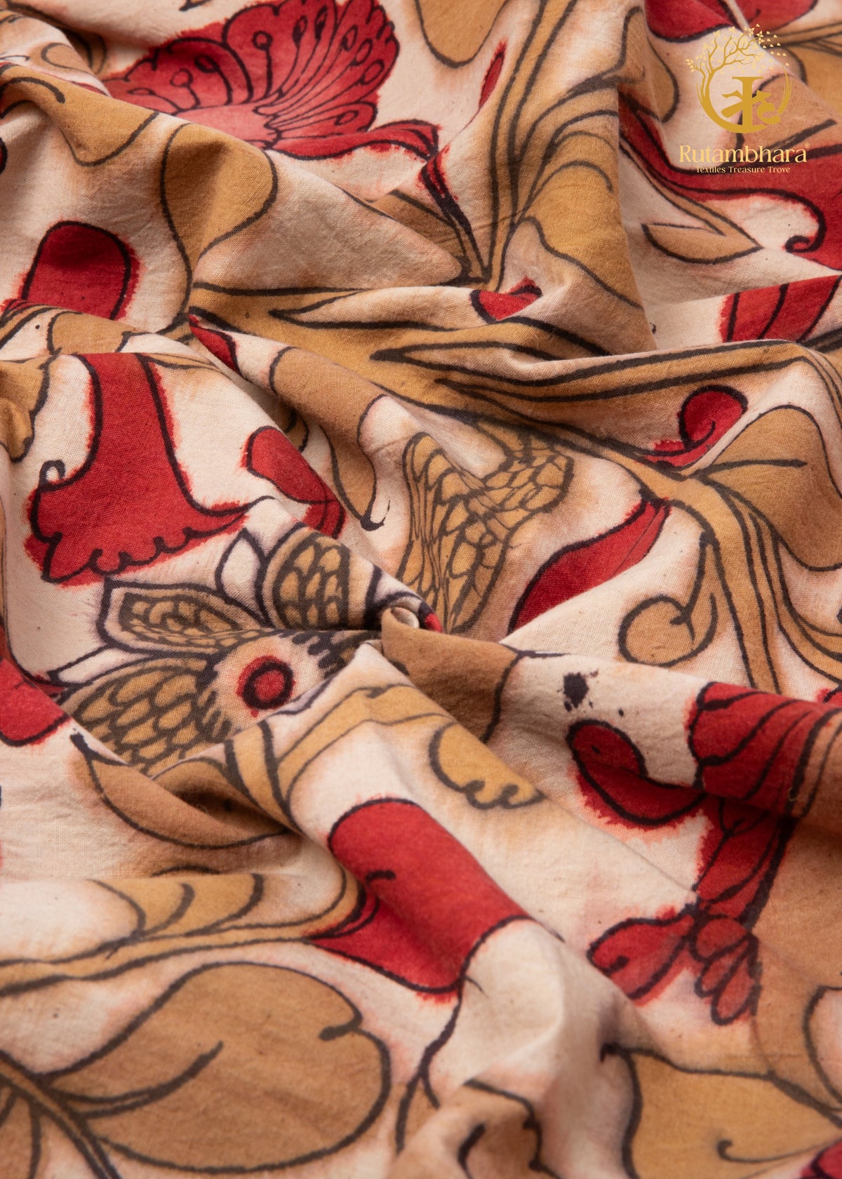 Nzurii | Soft Ivory and Vermilion Red – Srikalahasti Kalamkari Cotton Fabric