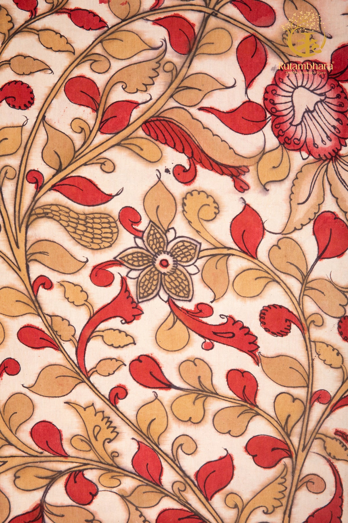 Nzurii | Soft Ivory and Vermilion Red – Srikalahasti Kalamkari Cotton Fabric