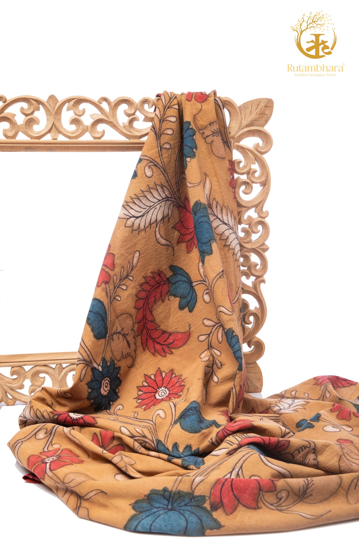 Nzurii | Muted Mustard, Teal & Coral – SrikaAlahasti Kalamkari Cotton Fabric