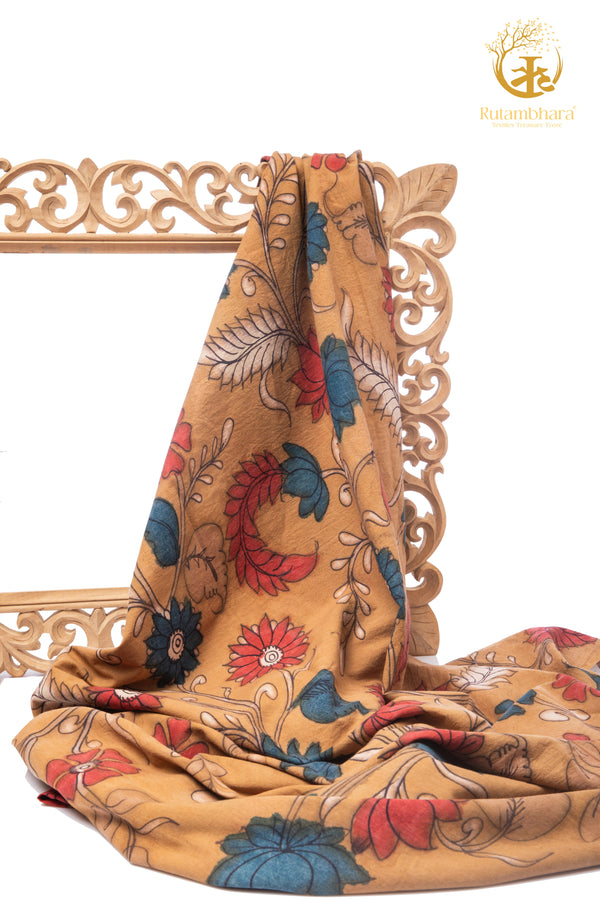 Nzurii | Muted Mustard, Teal & Coral – SrikaAlahasti Kalamkari Cotton Fabric