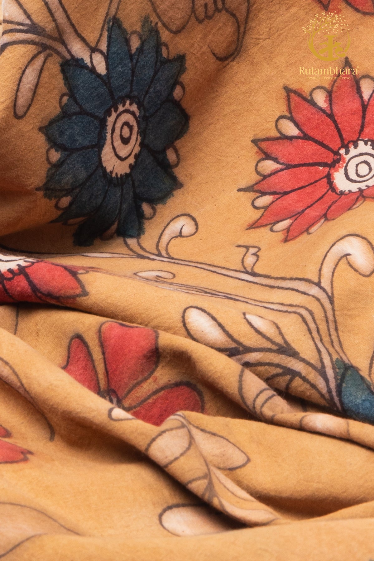 Nzurii | Muted Mustard, Teal & Coral – SrikaAlahasti Kalamkari Cotton Fabric