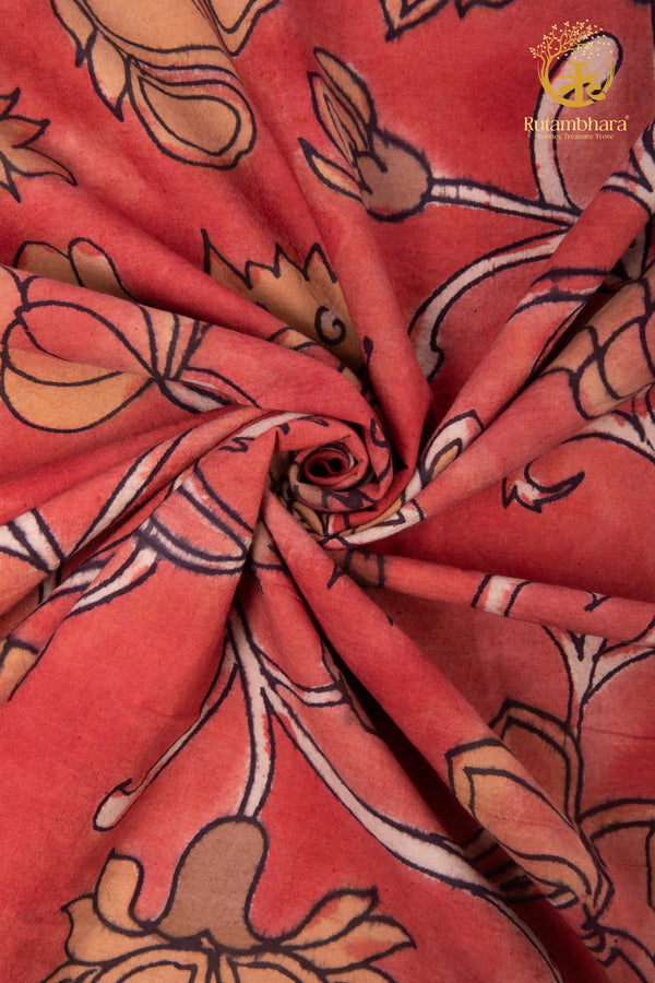 Nzurii | Rose Red and Sand Beige– Srikalahasti Kalamkari Cotton Fabric