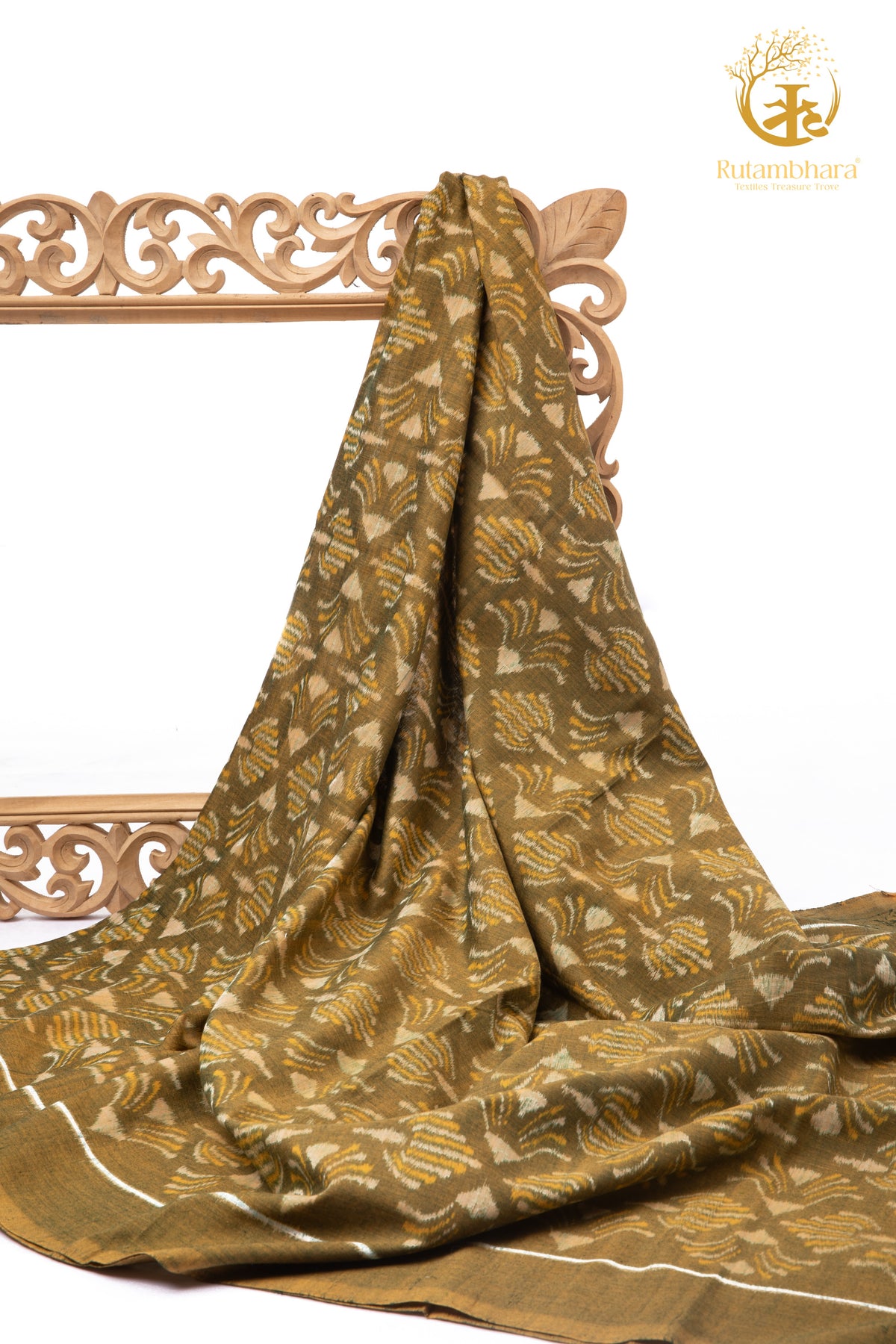 Krasha - Moss Olive and Ochre Handwoven Ikat Fabric - 2.5 m