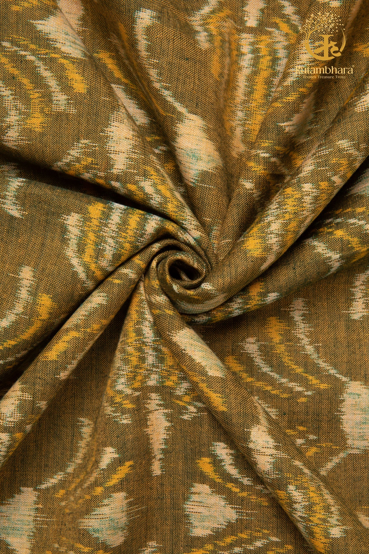Krasha - Moss Olive and Ochre Handwoven Ikat Fabric
