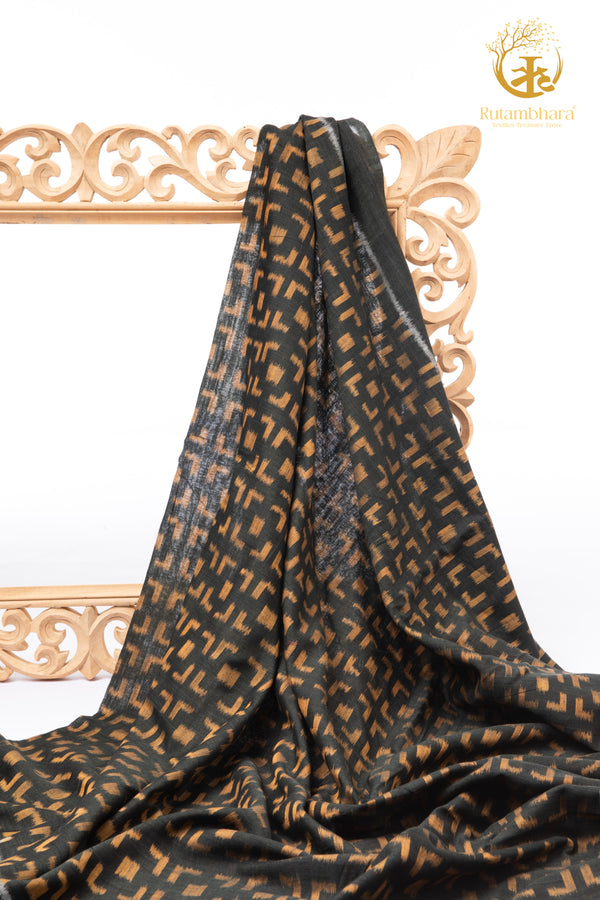 Krasha - Charcoal Black and Ochre Handwoven Ikat Fabric - 2.5 m