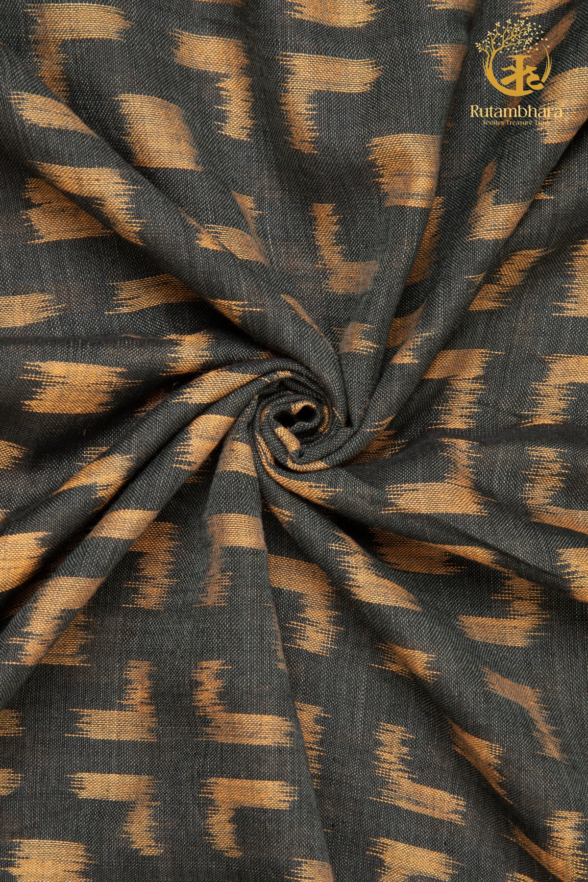 Krasha - Charcoal Black and Ochre Handwoven Ikat Fabric - 2.5 m