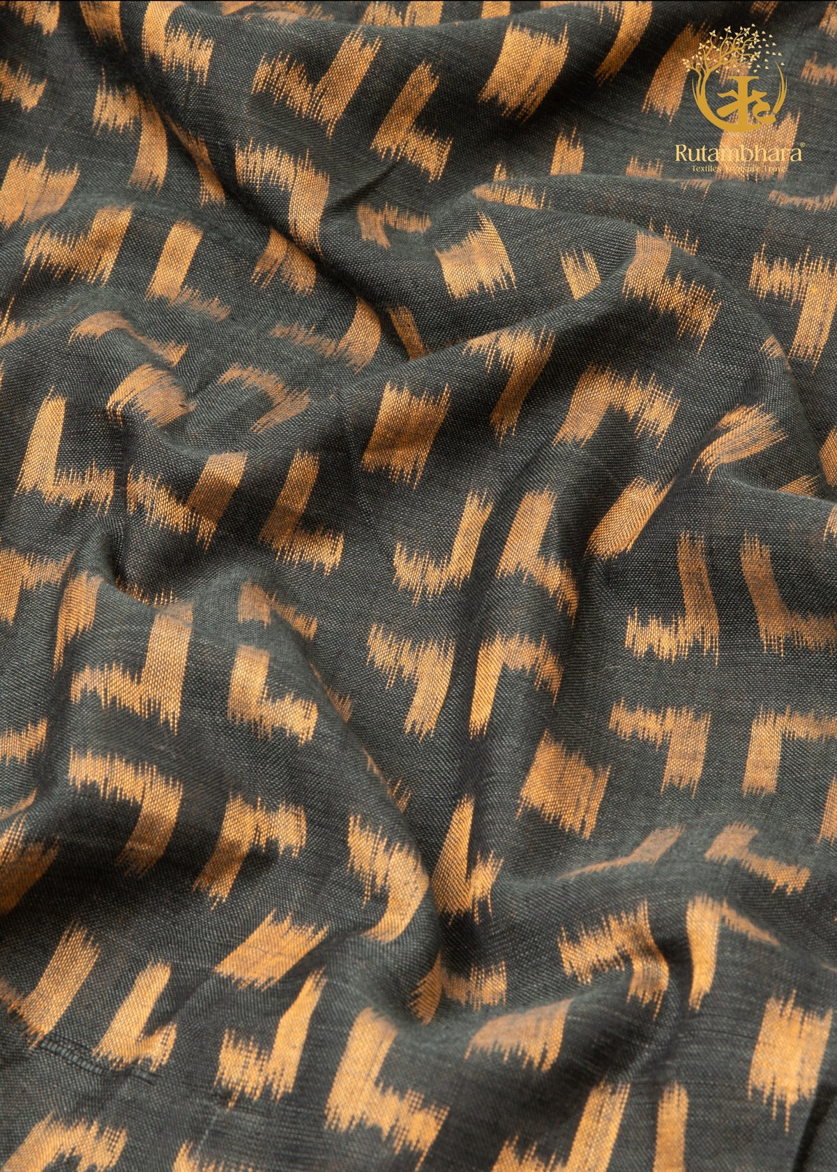 Krasha - Charcoal Black and Ochre Handwoven Ikat Fabric - 2.5 m
