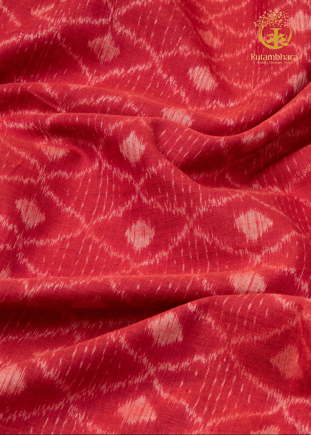 Krasha - Coral Red and Soft Ivory Handwoven Ikat Fabric - 2.5 m