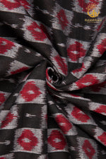 Krasha - Charcoal Black and Deep Red and Ivory Handwoven Ikat Fabric - 2.5 m