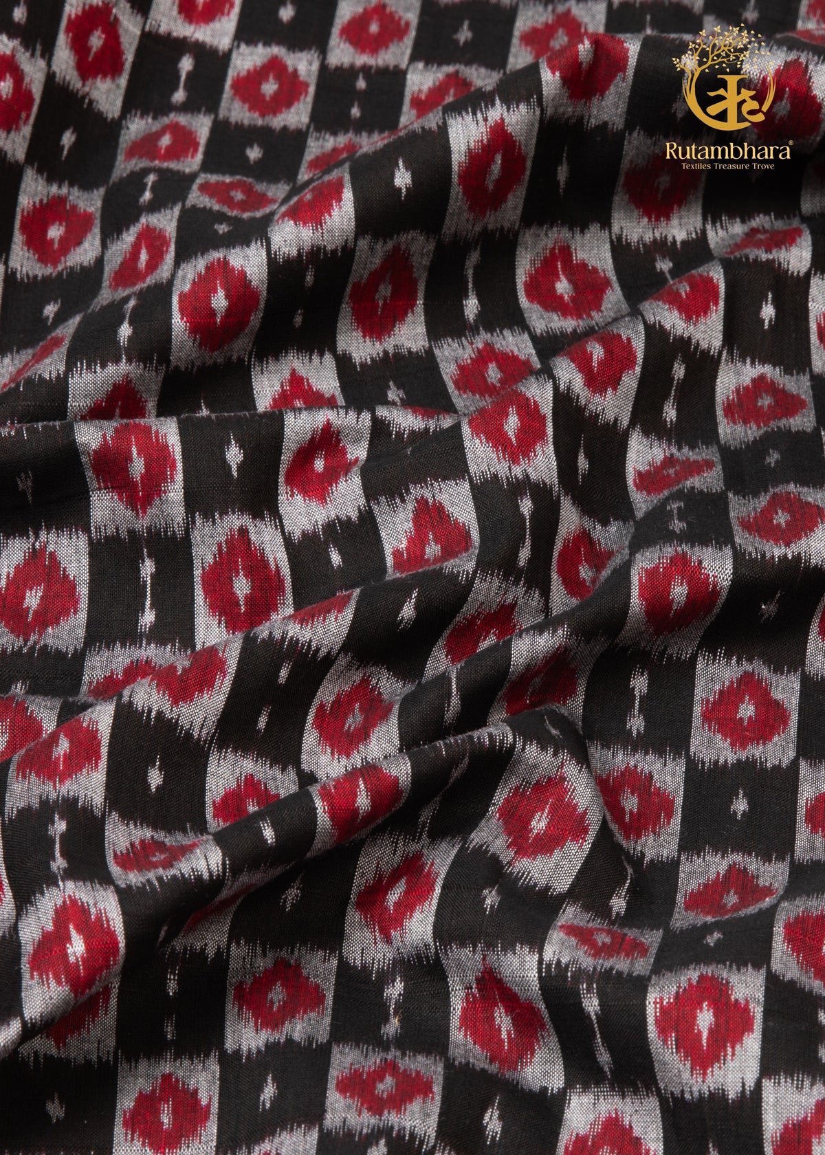 Krasha - Charcoal Black and Deep Red and Ivory Handwoven Ikat Fabric - 2.5 m