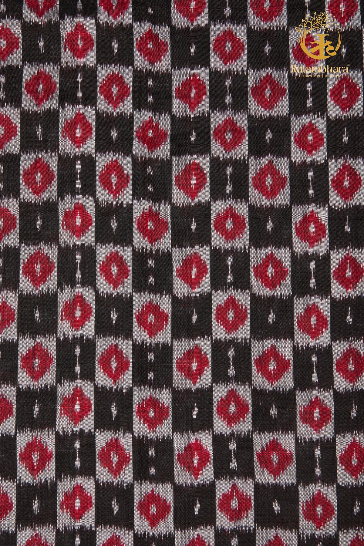 Krasha - Charcoal Black and Deep Red and Ivory Handwoven Ikat Fabric - 2.5 m