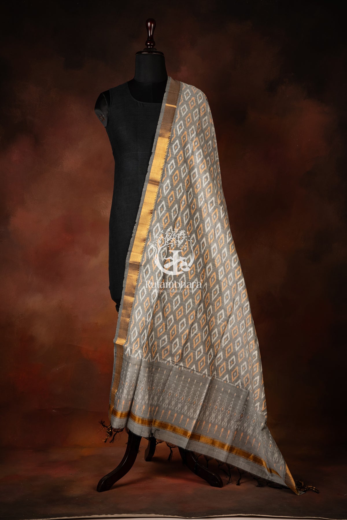 Bhadra - Silver Ash Grey Ikat Silk Cotton Dupatta