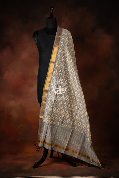 Bhadra - Silver Ash Grey Ikat Silk Cotton Dupatta
