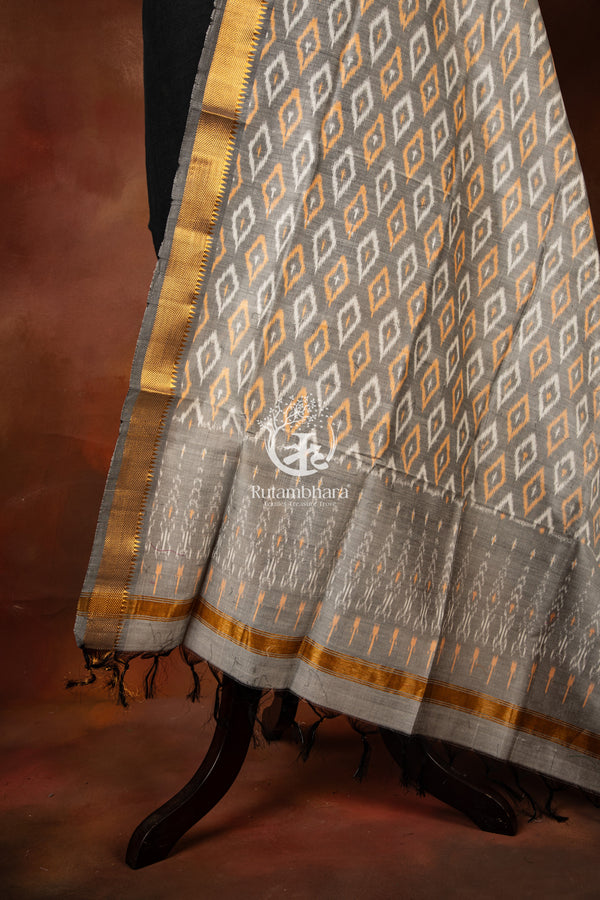 Bhadra - Silver Ash Grey Ikat Silk Cotton Dupatta